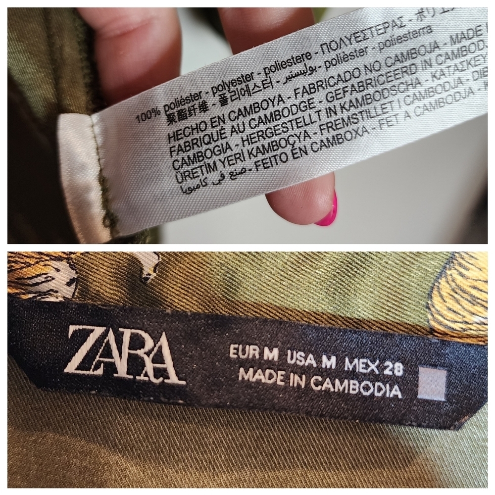 Zara Tiger Printed Green Satin Button Front Balloon Sleeve Pleated Midi Dress. M - Picture 4 of 17